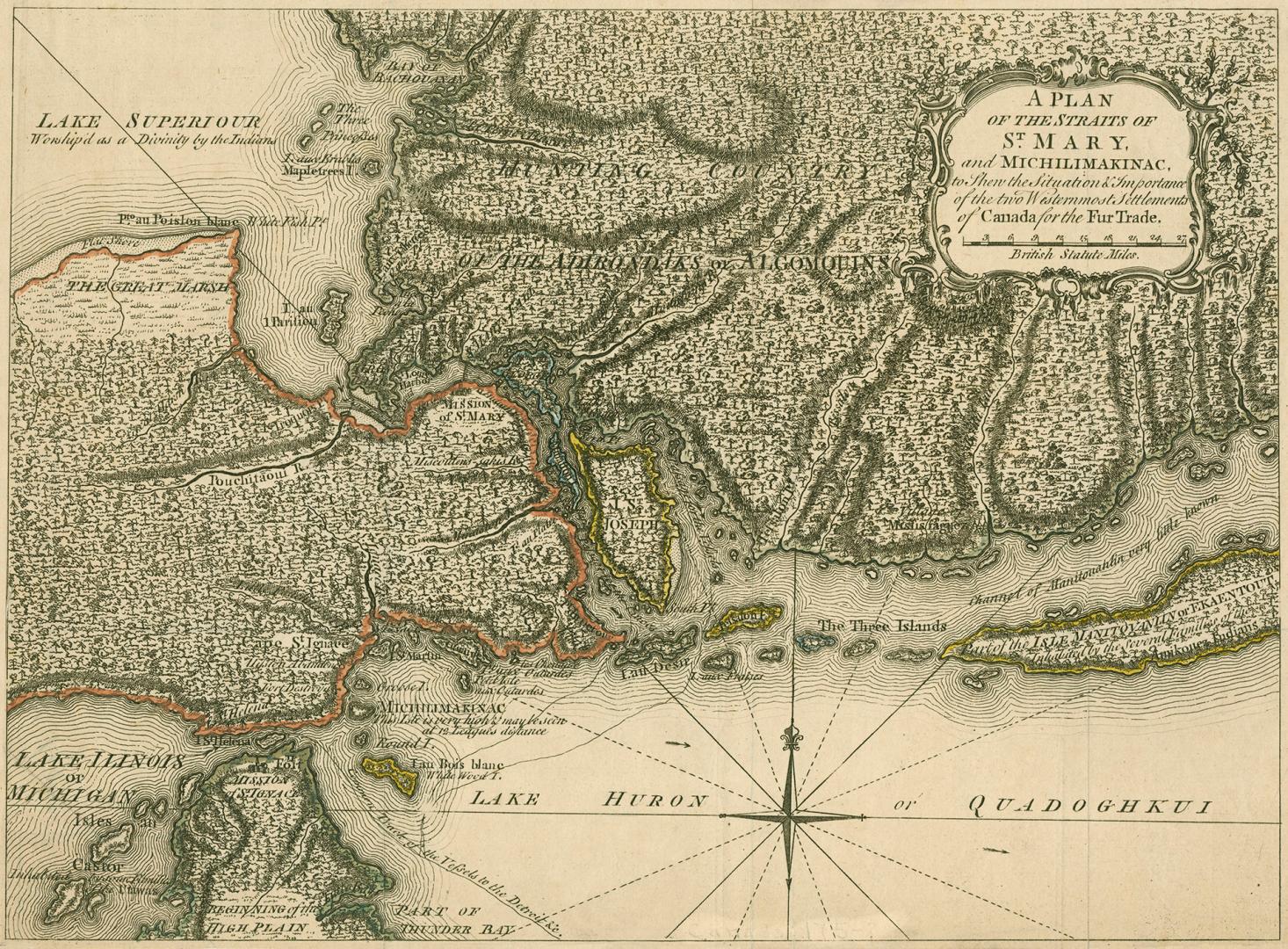 Plan of the straits of St. Mary, and Michilimakinac to shew the situation and importance of two westernmost settlements of Canada for the fur trade