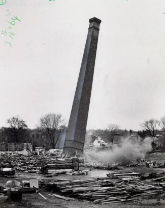 Chimney of Barrie Tannery was dynamited, Barrie, Ontario