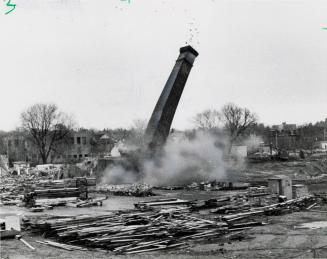 Chimney of Barrie Tannery was dynamited, Barrie, Ontario