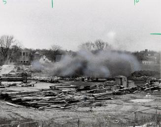 Chimney of Barrie Tannery was dynamited, Barrie, Ontario