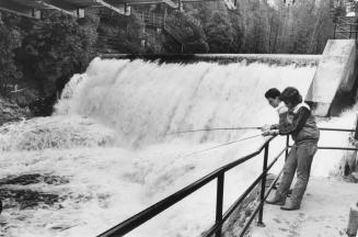 Brampton fishing enthusiasts Bill Marsh and Bill Dunbar, Belfountain Conservation Area. Belfountain, Ontario