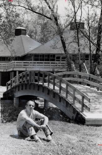 Director Bob Christensen in front of dining hall at Bolton Camp. Bolton, Ontario