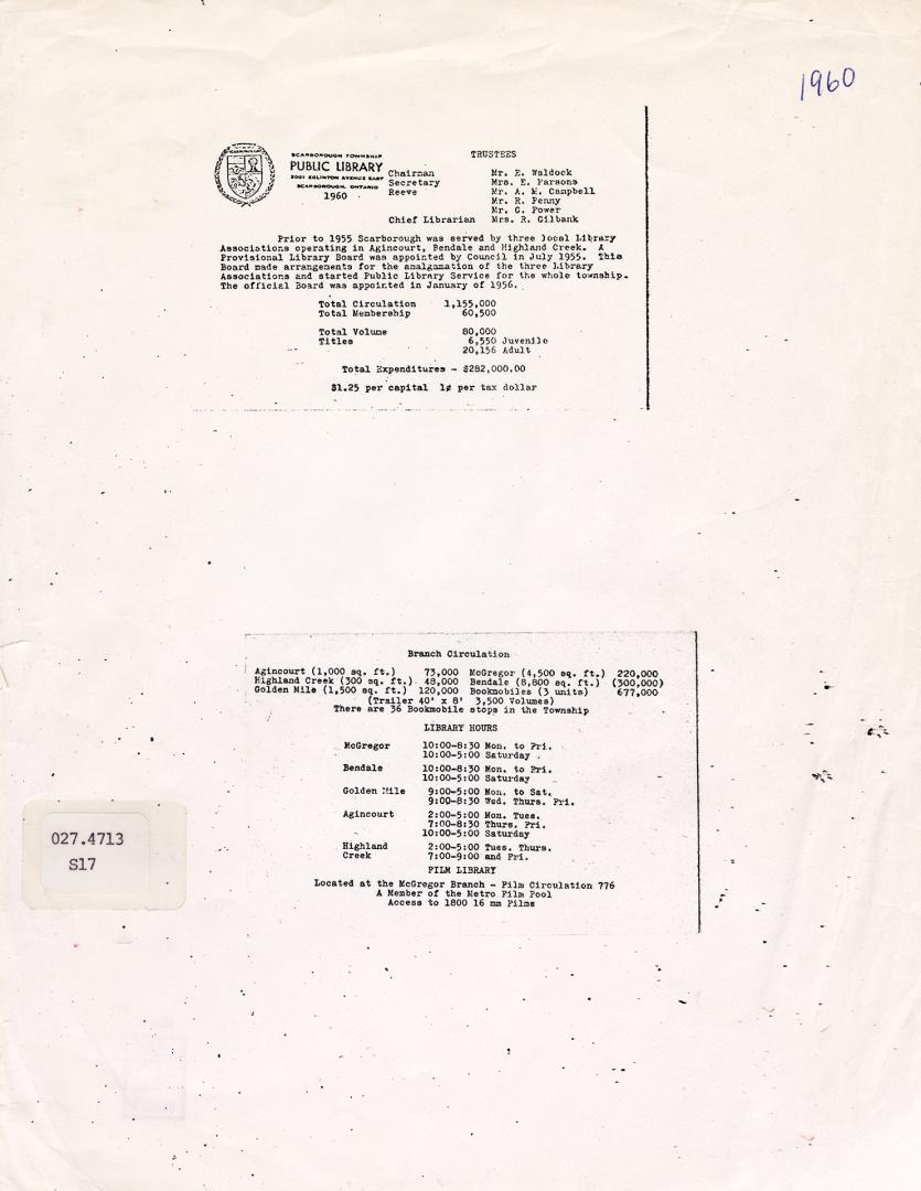 Scarborough Public Library (Ont.). Annual report 1960