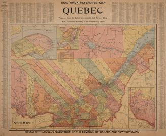 New quick reference map of the province of Québec prepared from the latest Governmental and railway data, with populations according to the last official census.