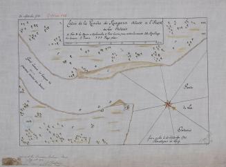 Hand-drawn map showing, at left, the mouth of a river labelled (in French) "Grand courant les b…