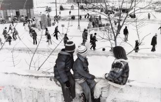 Steven Oliver, David Ballam and Tom Dunlop at the outdoor skating rink at the Bramalea City Centre. Bramalea, Ontario