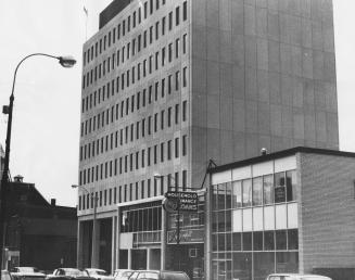 Queen's Square Building where all three Peel riding political parties, Liberals, Tories, and NDP, have campaign offices. Brampton, Ontario