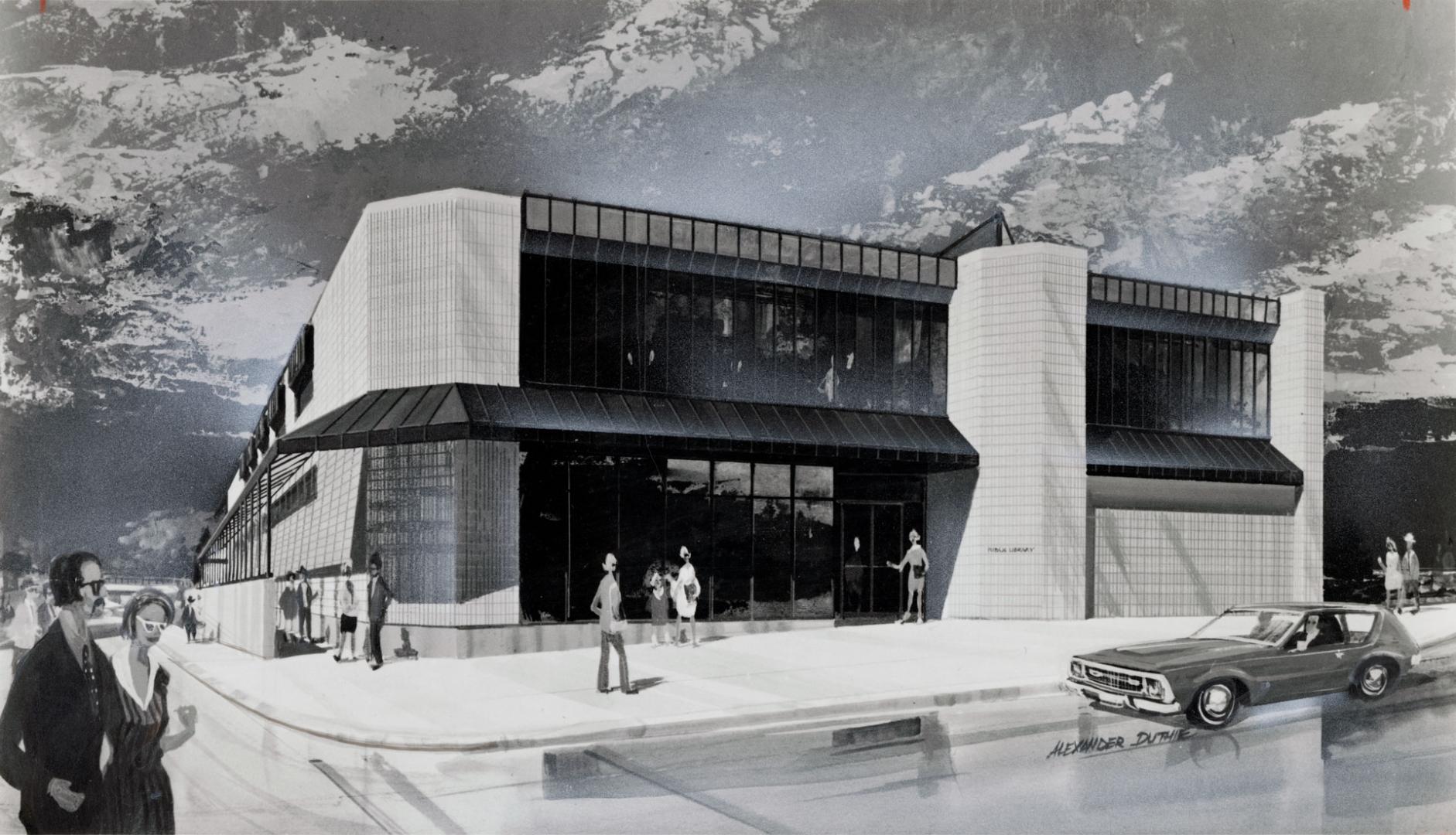 Rendering of a proposed two-storey library.  Brampton, Ontario