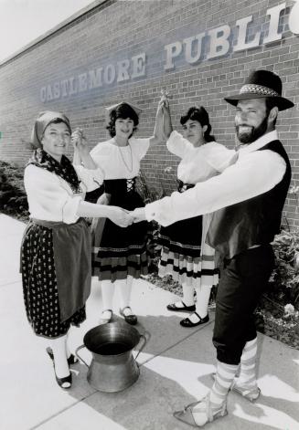 Virginia Stirpe, Rita Stirpe, Angela Stirpe, and Amato Fiacco rehearsing a dance at Castlemore school for the Carabram festival. Brampton, Ontario