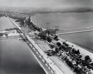 Rendering of the Burlington Skyway over an aerial photograph. Burlington, Ontario