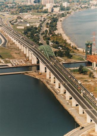 Aerial view of the new $85 million span of the Burlington Skyway. Burlington, Ontario