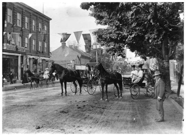 A photo of two horses, drawing two four-wheeled carriages on the main street of Picton. In the …