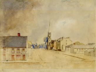 A painting shows the Church of St. George the Martyr on the left, as well as a couple of smalle…