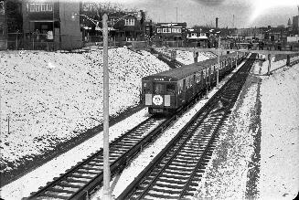 Yonge Street Subway, looking north from Lola Road to Manor Road footbridge, Toronto, Ontario. I…