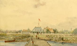 Shows several people, including Indigenous People and red-coat soldiers, on a wooden dock. Ther…