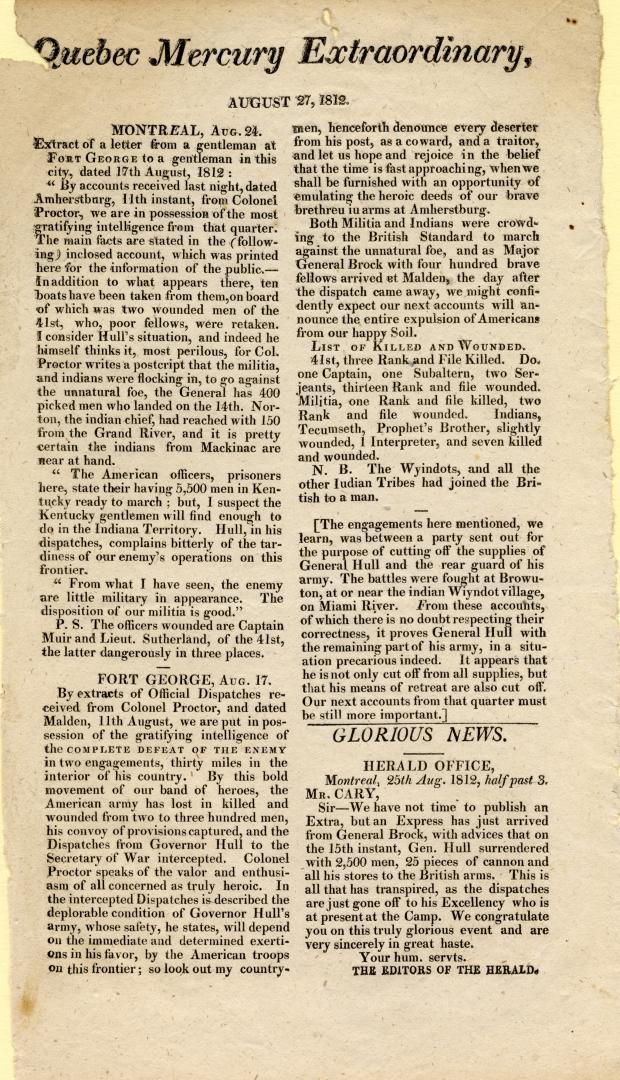 Quebec Mercury Extraordinary, August 27, 1812