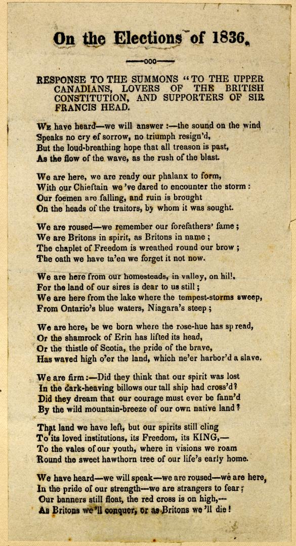 On the elections of 1836 : response to the summons ''To the Upper Canadians, lovers of the British constitution, and supporters of Sir Francis Head