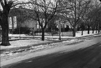 Image shows a school building and a row of trees in front of it.