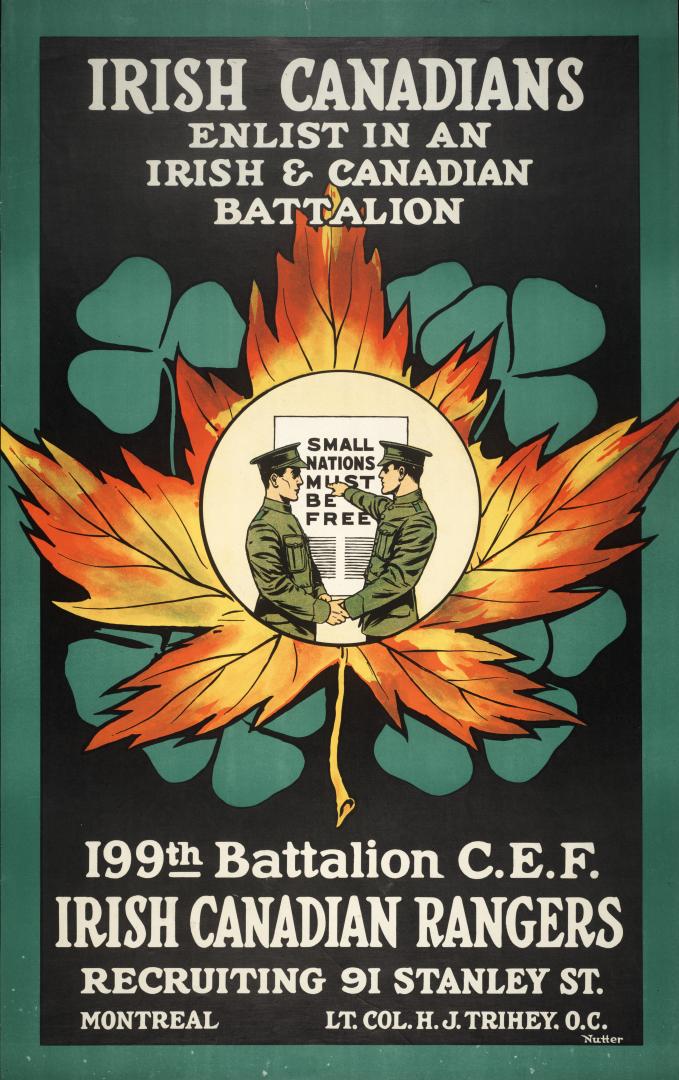 Illustrated poster of two soldiers in maple leaf pointing to poster reading Small Nations Must …