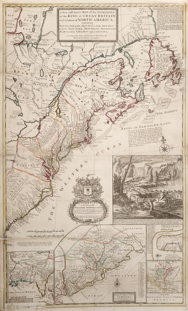 A new and exact map of the Dominions of the King of Great Britain on ye Continent of North America, Containing Newfoundland, New Scotland, New England(...)