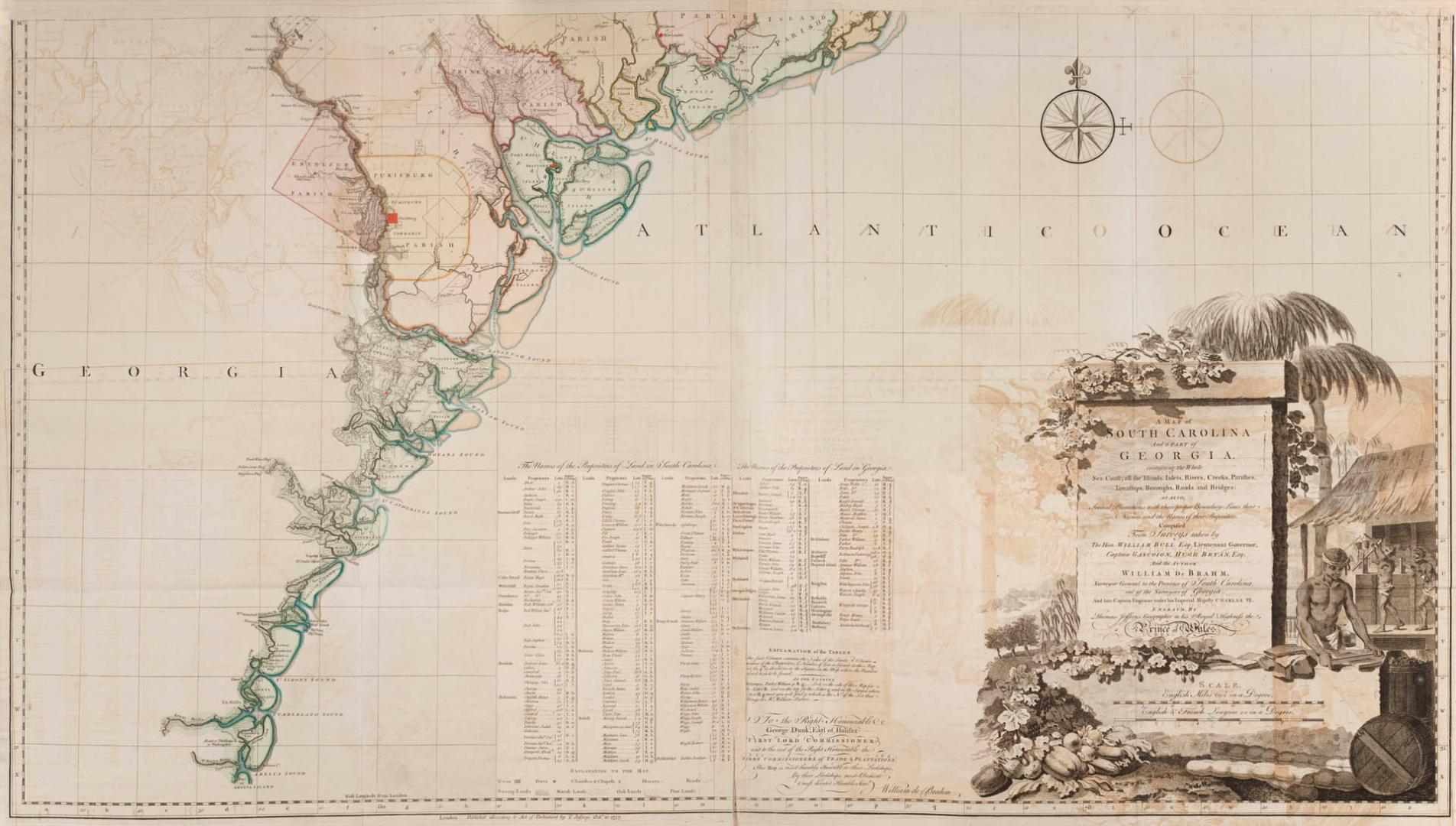 A map of South Carolina and a part of Georgia containing the whole sea coast, all the Islands, Inlets, Rivers, Creeks, Parishes, Townships, Boroughs, (...)