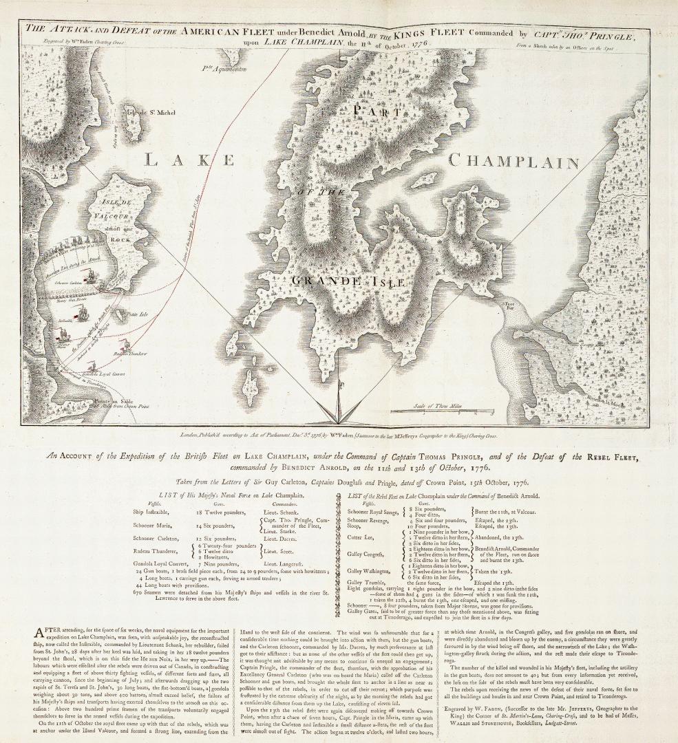 The attack and defeat of the American fleet under Benedict Arnold, by the Kings Fleet Commanded by Captn Thos Pringle, upon Lake Champlain, the 11th of October, 1776