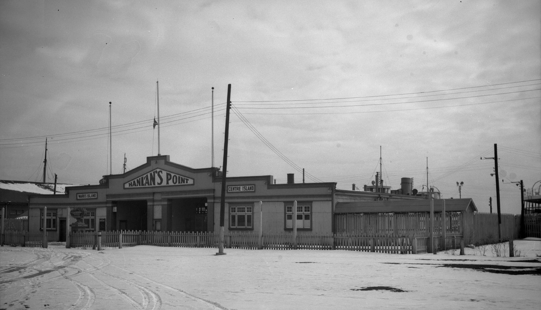 Image shows ferry docks in winter.