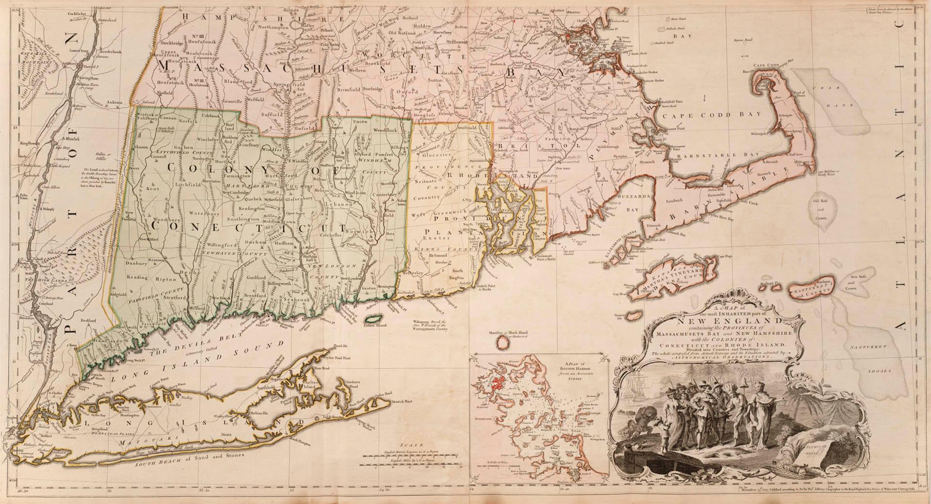 A map of the most inhabited part of New England containing the provinces of Massachusets Bay and New Hampshire, with the colonies of Connecticut and Rhode Island, Divided into Counties and Townships: The Whole composed from Actual Surveys and its Situation adjusted by Astronomical Observations