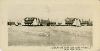 Image contains two pictures of the Yacht Club House and some boats in front of it.