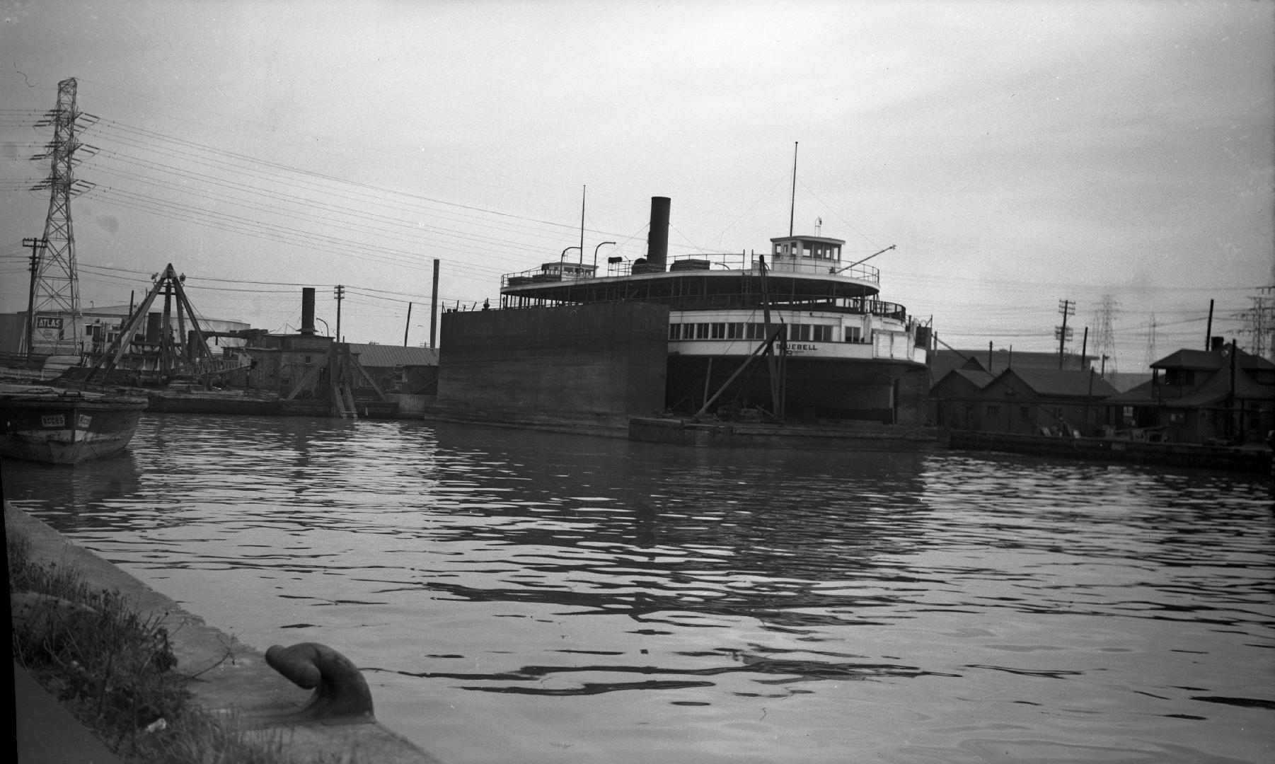 Image shows a ferry Bluebell by the docks.