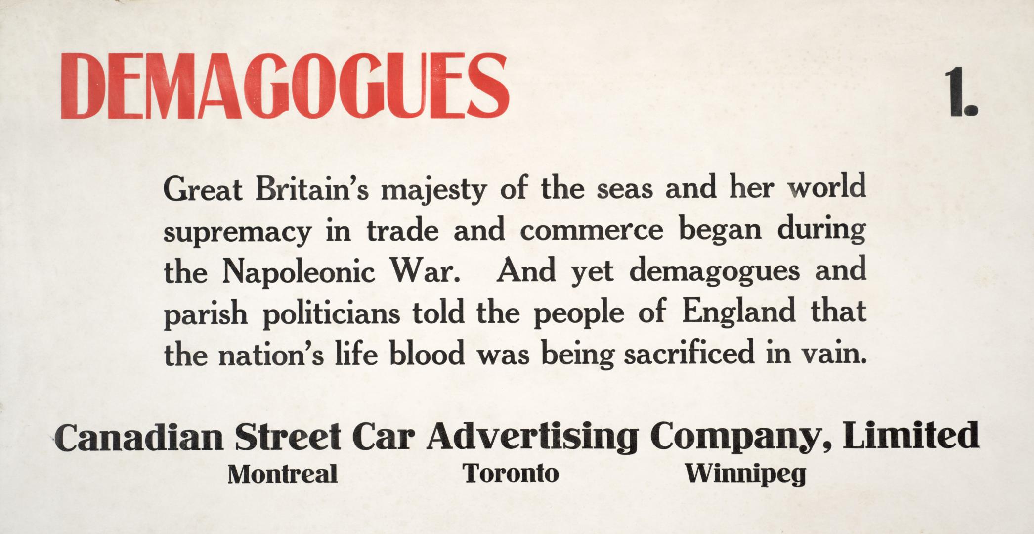 Demagogues : Great Britain's majesty of the seas and her world supremacy in trade and commerce began during the Napoleonic War