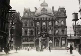 Edward VII, Decorations Mourning Death, on Post Office (1873-1960), Adelaide Street East, opposite head of Toronto St