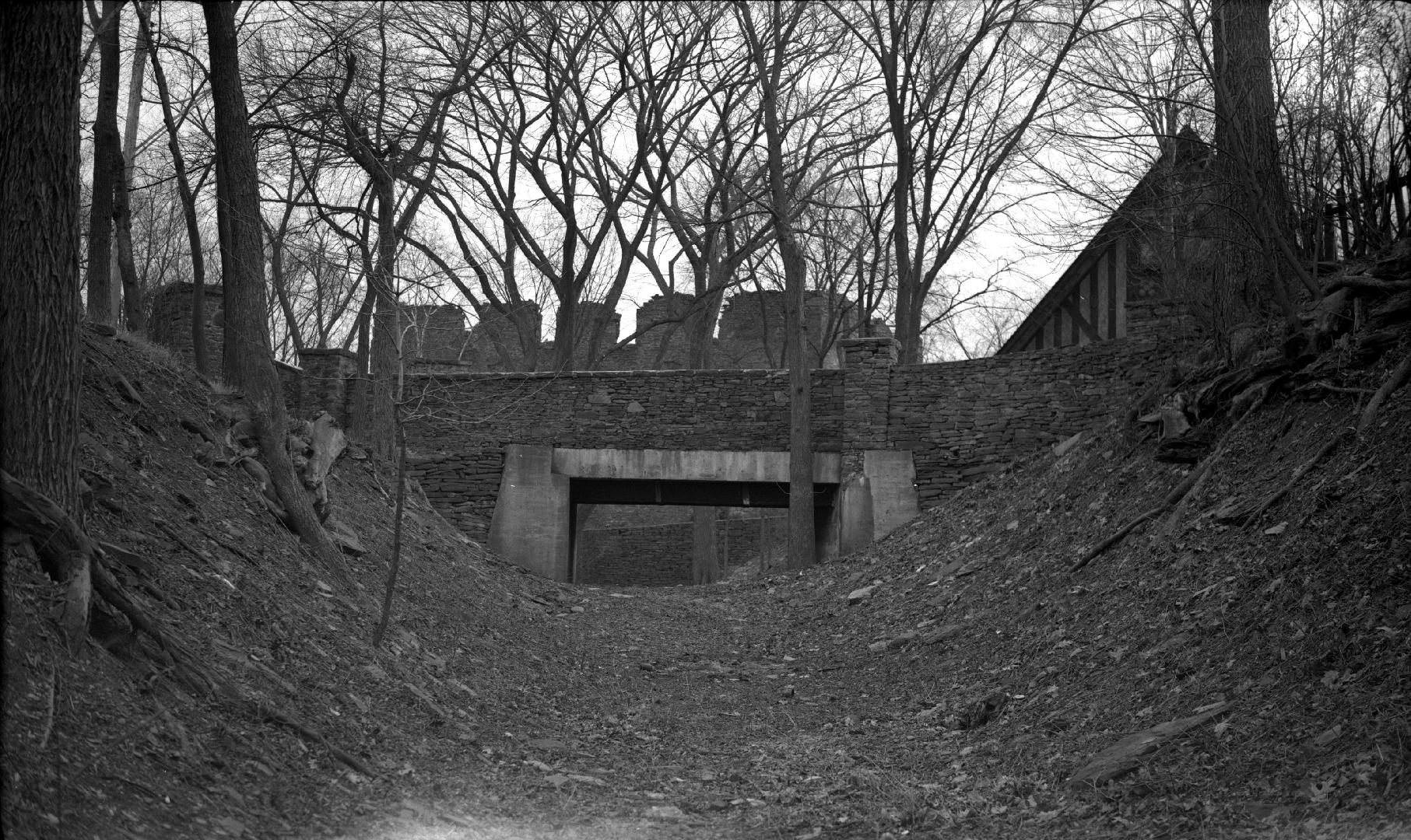 Gamble, William, mill, Humber River, west side, north of Bloor Street West, mill race, looking south to Old Mill Road bridge over mill race, Toronto, Ontario