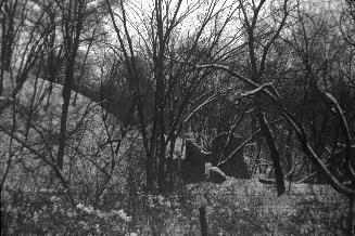 Millwood Mill, Humber River, west side (west of Humber Boulevard), below Woodhaven Heights, ruins, looking n