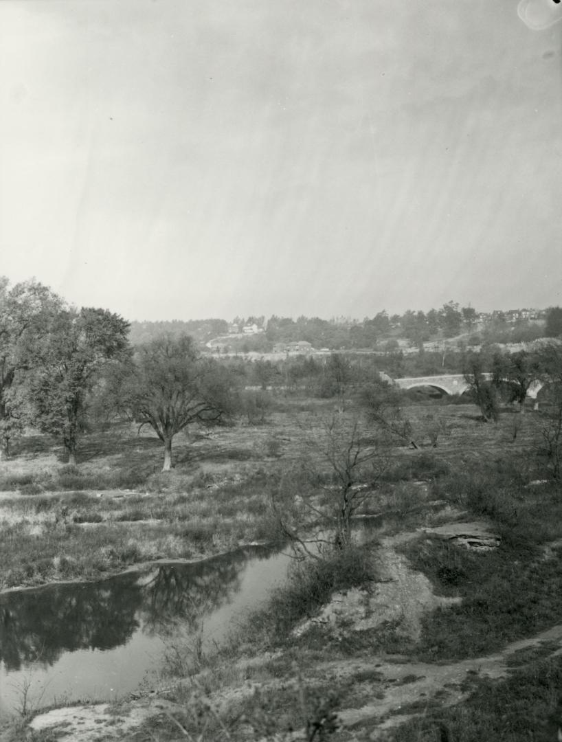 Humber River, looking north from about present Bloor Street West, showing Old Mill Road bridge (built 1916) over Humber River, Toronto, Ontario