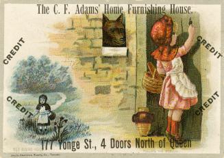 Illustration of Little Red Riding Hood holding a basket and knocking on her grandmother's cotta…