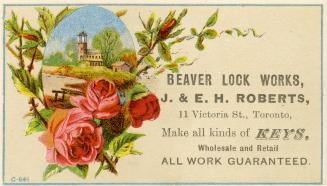 Illustration of red roses surrounding a picture of church with a small house next to it. There …