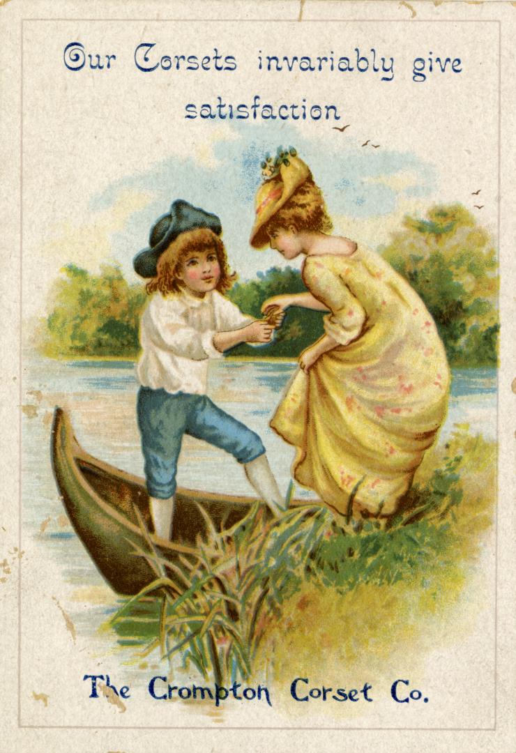 Illustration a a young man standing in a canoe; he is helping a young woman who is standing on …