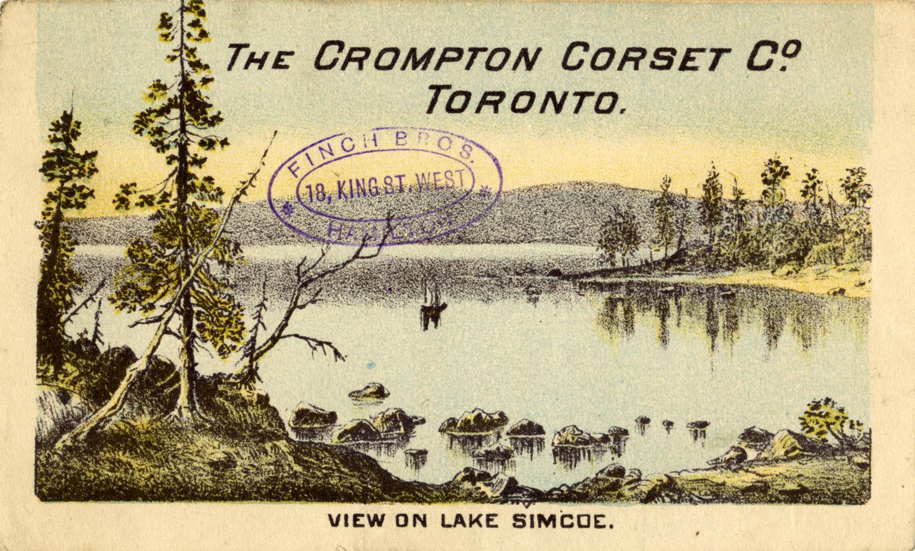 Illustration of a picturesque scene on Lake Simcoe with pine trees lining the shore. 