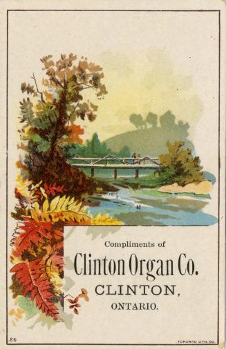 Illustration of a bridge over a river; there are trees in Autumn colours surrounding, and peopl…