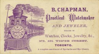 Illustration of a steam train coming down the track. Pictured on the front of the train is a cl…