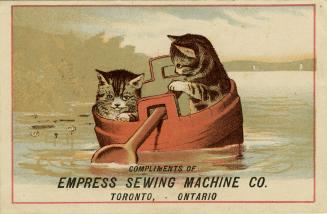 Illustration of a body of water with two grey and black tabby kittens sitting in a bucket that …