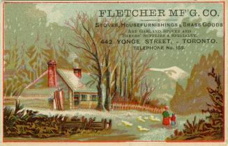 Illustration depicting a winter scene including a small house or cottage surrounded by bare dec…