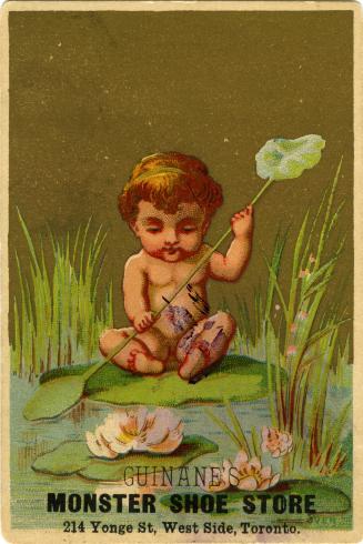 Illustration of a child sitting on top of a lily pad on the water; there is tall grass in the w…