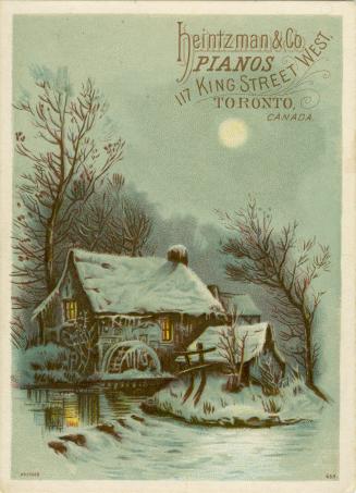 Illustration of a serene moonlit winter scene; there is a house with a water mill on the side, …