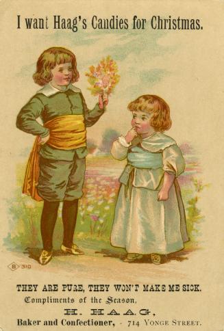 Illustration of a boy and a girl standing near a field of wildflowers. The boy is dressed in a …