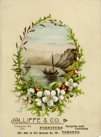 An oval shaped picture with a scene of two sailboats on a body of water. There are high cliffs …