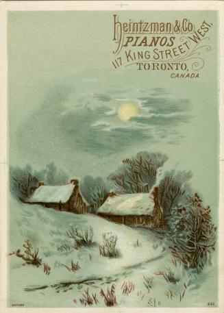 Illustration of a serene winter moonlit scene; there are small houses or cottages surrounded by…