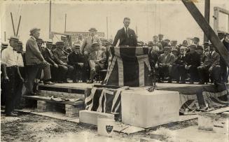 C.N.E., Coliseum, laying of cornerstone by T. L. Church. Toronto, Ontario