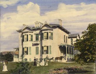 Painting shows a two storey residential house. There are some people on the lawn and a carriage…